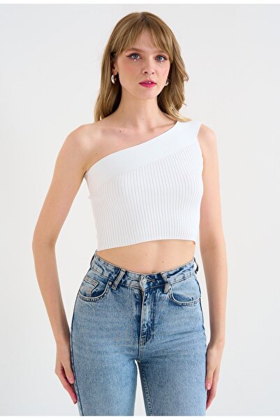 Ladyone Bluză crop pentru femei din twill - un umăr, standard