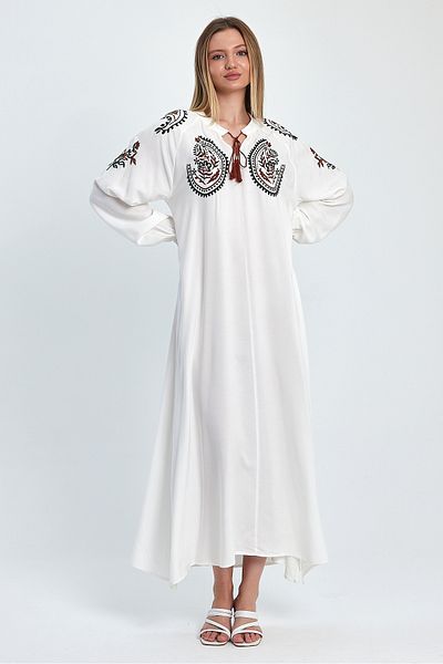 Denismoda Rochie lungă din viscoză, cu mâneci cu balon, cu broderie autentică