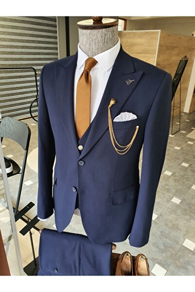 SARDINELLI Dar Kesim Likralı Yelekli Takım Elbise Lacivert