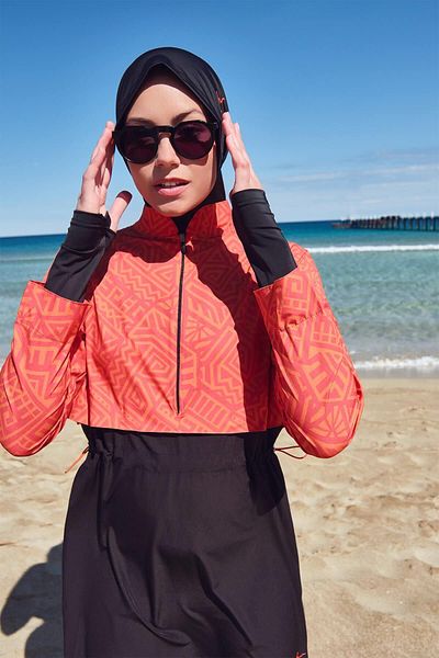Haşema Σετ μαγιό 5 τεμαχίων Esila Orange Black Gilet Hijab