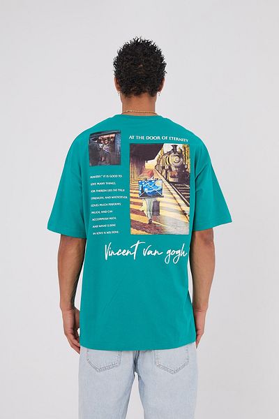 Saw Urbanity Vincent Van Gogh Green Oversize T-Shirt - Train At the Gate of Eternity Printed, Applique Back Printed