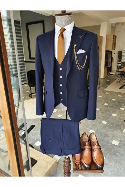 SARDINELLI Dar Kesim Likralı Yelekli Takım Elbise Lacivert