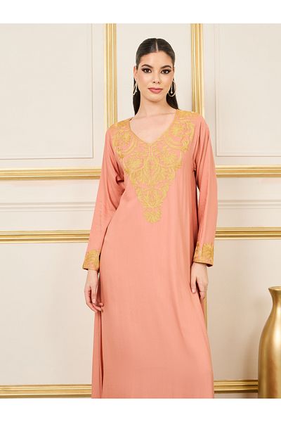 Styli Embroidered Neckline Spot AOP Jalabiya