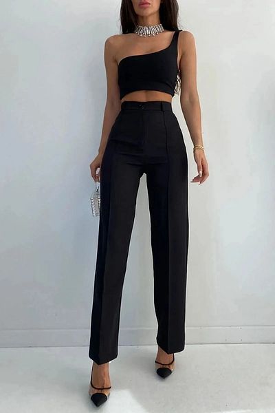 Livik Pantaloni largi damă Alaska, plisați, talie înaltă, model Palazzo