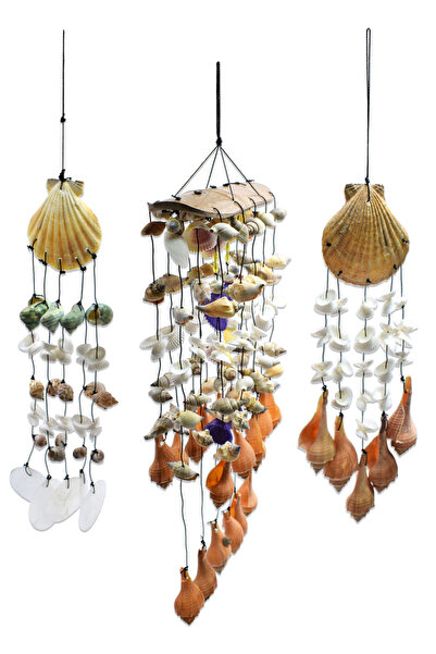 Hedicaret Rüzgar Çanı Seti Üçlü Deniz Kabuğu Süs Bahçe Balkon Dekoru