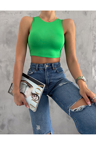 ladyzey Bluză crop verde fără mâneci - decolteu, design cu două straturi în față