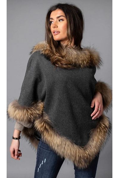 janbely Cashmere Natural Fur Poncho
