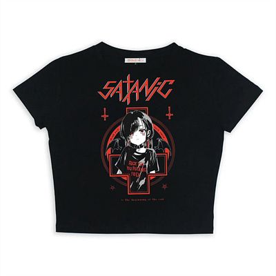 Touz Moda Satanic Gothic Cut Black Crop Top - Girl Printed