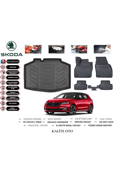 KALİTEOTO Skoda Fabia 2024 Model 3D Bagaj Havuzu+4D Havuzlu Paspas Seti