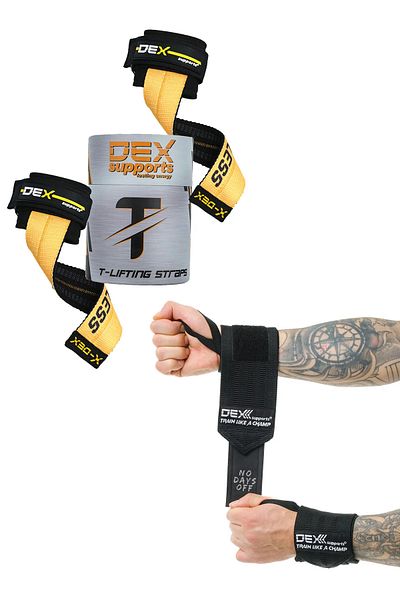 Dex Supports سوار اللياقة البدنية - أغطية معصم ليجند + حزام رفع الأثقال - أشرطة رفع T-Grips 2 Pack