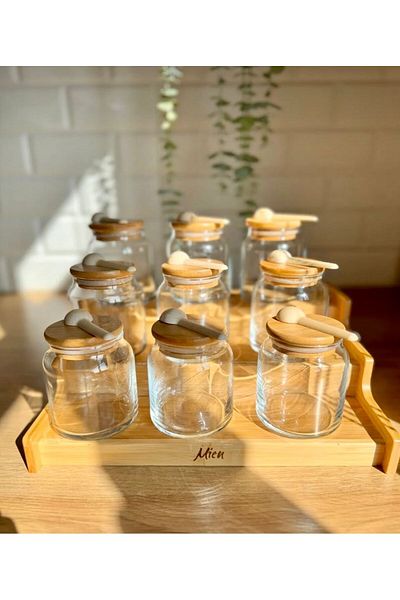 Kitchen Pembelia 9-Piece 300 ml Glass Spice Set with Bamboo Lid and Spoon - with Stand