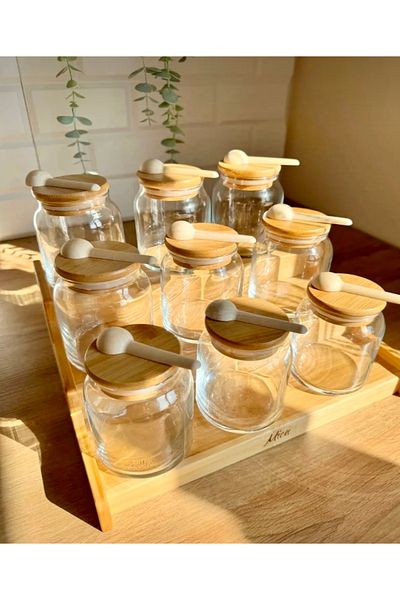 Kitchen Pembelia 9-Piece 300 ml Glass Spice Set with Bamboo Lid and Spoon - with Stand