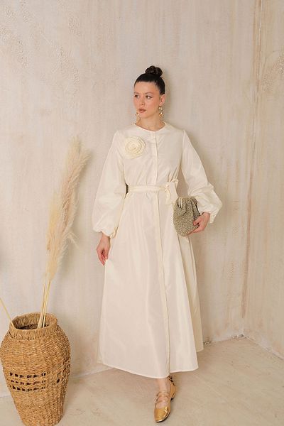 Melike Tatar 32-2081 Model Taffeta Floral Patterned CREAM Dress
