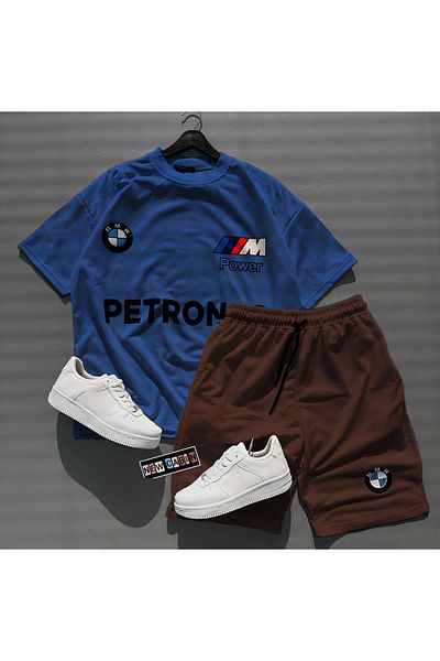 NewCabin New Season "BMW PETRONAS" Printed Navy Blue Cotton T-shirt and Brown Shorts Set