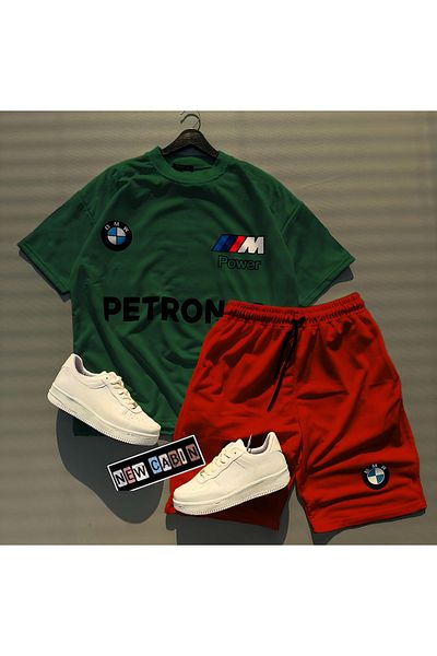 NewCabin New Season Oversize BMW Petronas Printed Green Cotton T-Shirt and Red Shorts Set