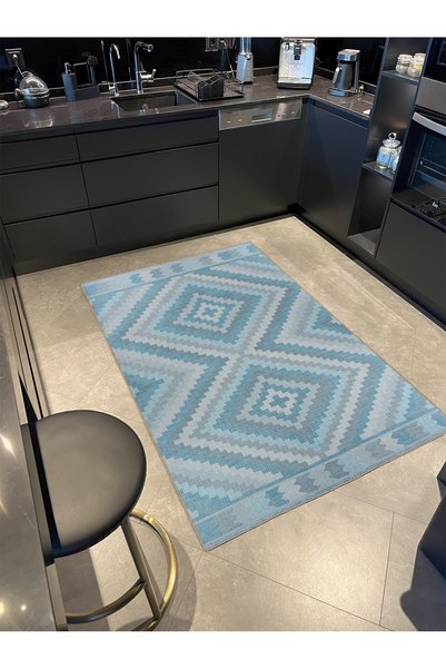 Rugs Modern Halı سجادة منسوجة بنمط هندسي متقاطع باللون الأزرق الجليدي قابلة ل...