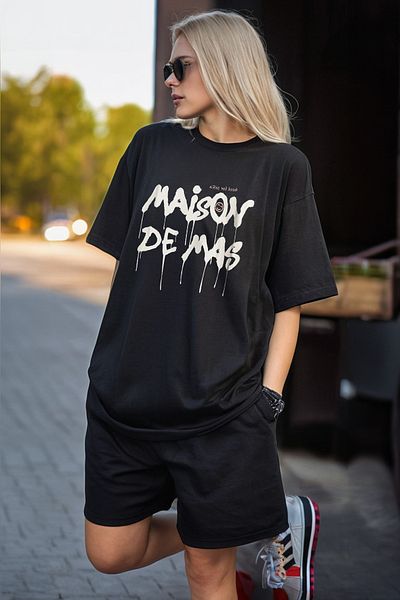 Mythologie Maison Design Oversize T-Shirt and Shorts Set - Black Printed, Crew Neck