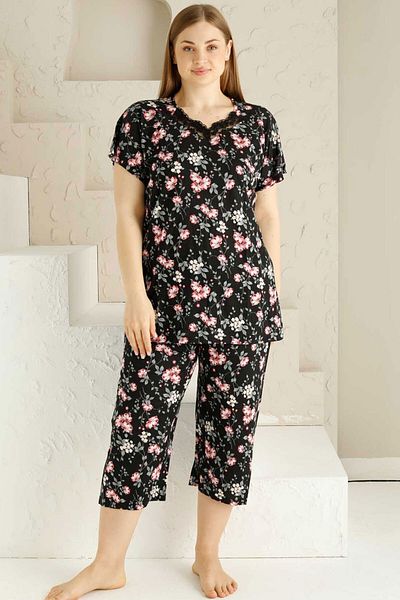 ALİMER V-neck Lace Large Size Black Bermuda Pajamas Set - Short Sleeve, Spring Branch EDY2735B-S