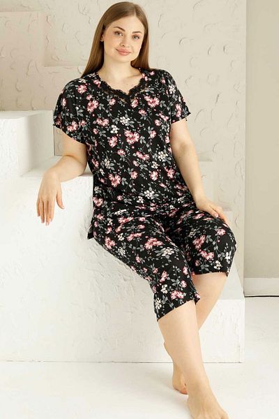 ALİMER V-neck Lace Large Size Black Bermuda Pajamas Set - Short Sleeve, Spring Branch EDY2735B-S
