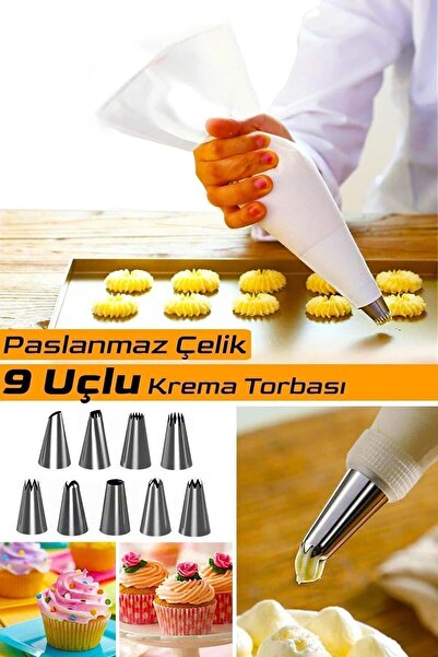 Vi Caro 10 Parça Çelik Uçlu Krema Torbası Kek Pasta Süsleme Krema Sıkma Torbası Krema Poşet I