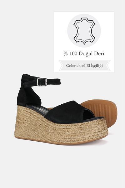 TUNAELLİ Black Suede and Leather Banded High Wedge Heeled Women's Sandals