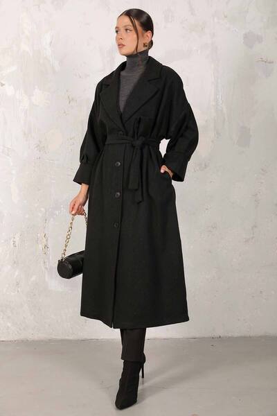 Melike Tatar Balloon Sleeve Stamp Coat Black - 32-6405