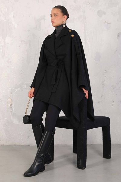 Melike Tatar Stamped Black Poncho - 32-6426 Model