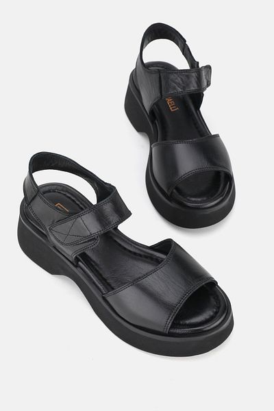 TUNAELLİ Piele naturală neagră - Sandale de damă cu toc scurt