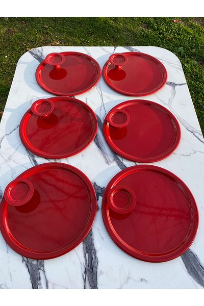 NEWTREND Züccaciye 2 Model 6 Pieces Red Round Tray - Coffee and Pastry Serving Presentation Tray