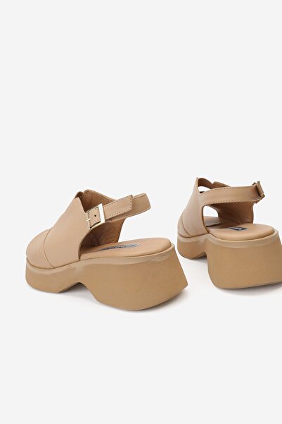 TUNAELLİ Beige Women's - Genuine Natural Leather Low Heel Sandals