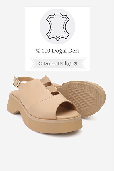 TUNAELLİ Beige Women's - Genuine Natural Leather Low Heel Sandals