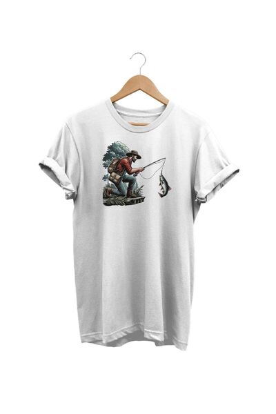 WİDİ Widi Balık Avı Baskılı Beyaz T-shirt