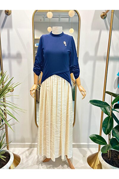 qupra ASTARLI İKİLİ LACİVERT/NUDE ELBİSE
