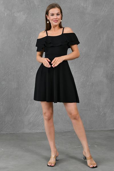 WOMAN VISION Rochie mini neagră pentru femei, din țesătură creponată, cu bretele subțiri, cu volan, tăiat clopot 014