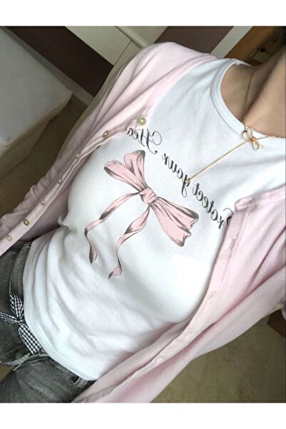 Violon Beyaz Kurdele  Protect Your Heart Baskılı Kadın Crop