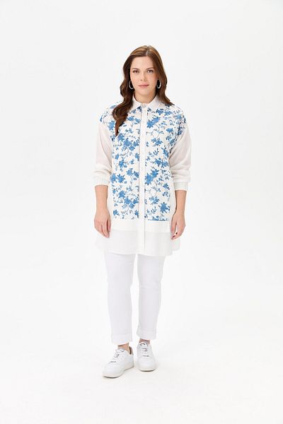 FUAT GÜRSEN Fuat Gürşen 1355 Indigo Tunik - Μπροστινή λεπτομέρεια λουλουδιών και εσωτερική-εξωτερική διπλή