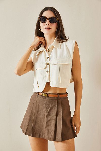 XHAN Beige Crop Vest - With Bag Pocket, 5YXK4-48557-25