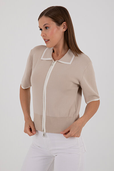 ŞEYDA ERTEM Beige Colored Polo Collar Knitwear 2 Colors Zippered Knitted Blouse