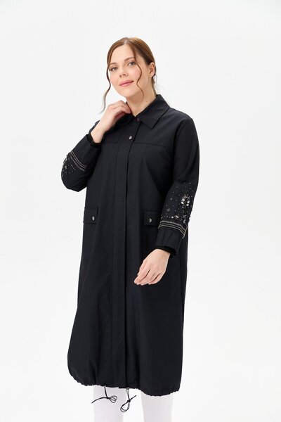 FUAT GÜRSEN Fuat Gürşen 1600-1 Kollar Taş  İşlemeli Fermuarlı Trençkot - Siyah