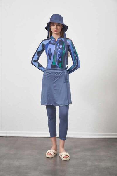 Mevra Costum de baie etnic indigo hijab din 3 piese - costum de baie, colanți și fustă