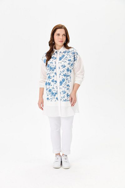 FUAT GÜRSEN Fuat Gürşen 1355 Indigo Tunik - Μπροστινή λεπτομέρεια λουλουδιών και εσωτερική-εξωτερική διπλή
