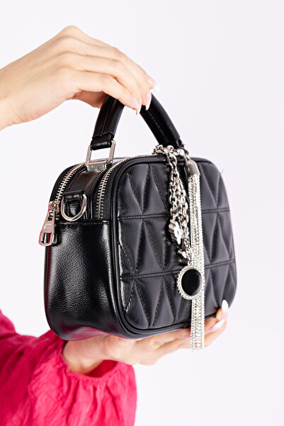 Getcho Anjel Black Women's Stone and Chain Detailed Quilted Mini Shoulder Bag Handbag Tasseled Evening Dress Model