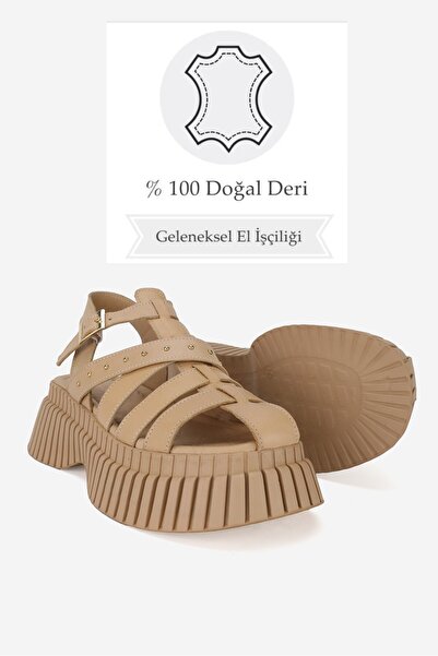 TUNAELLİ Beige Women's Sandals - Genuine Natural Leather, Strappy, Flat Sole