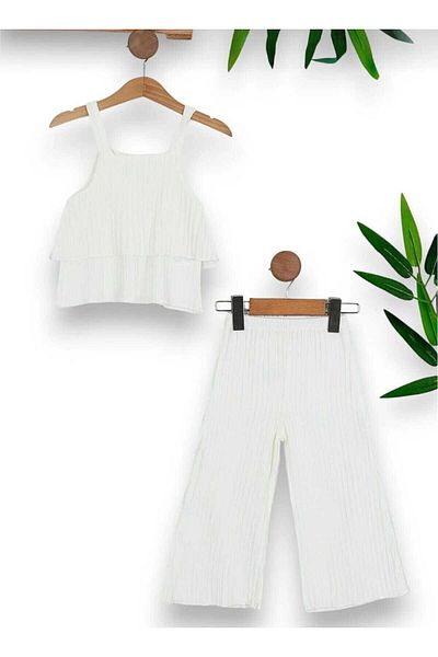 Esterella Girl's Strappy Suit - Ruffle Blouse and Wide Leg Trousers