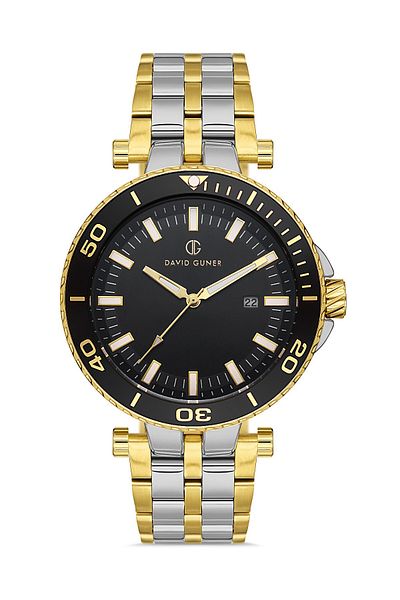 DAVID GUNER Black Dial Yellow Silver Coated Men's Wristwatch with Calendar - Dg-8393Ga-D2