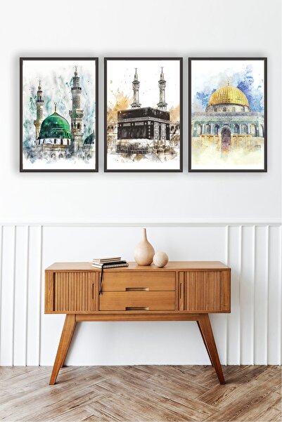 beedene Kabe Mescidi Aksa Mescidi Nebevi Ahşap(MDF) Çerçeveli 3'lü Islami Tab...