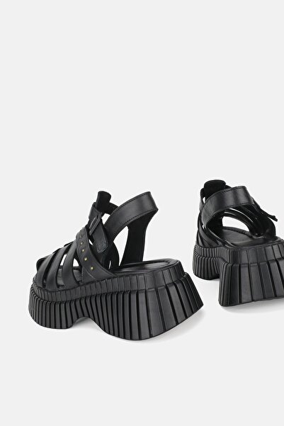 TUNAELLİ Black Genuine Natural Leather - Strappy Flat Sole Women's Sandals