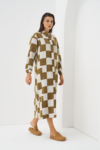 Mevra Mustard Plaid Pattern Shirt Dress