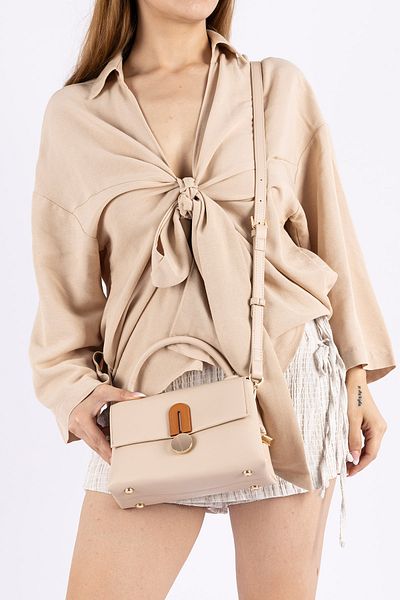 Getcho Zelma Women's Covered Buckle Daily Hand and Shoulder Bag Leather Beige Mini Size Useful Model