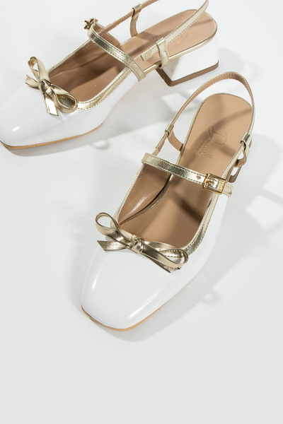 DUXAL SHOES Leonardo Patent Leather Gold White Bow Detailed Heeled Shoes - Ba...